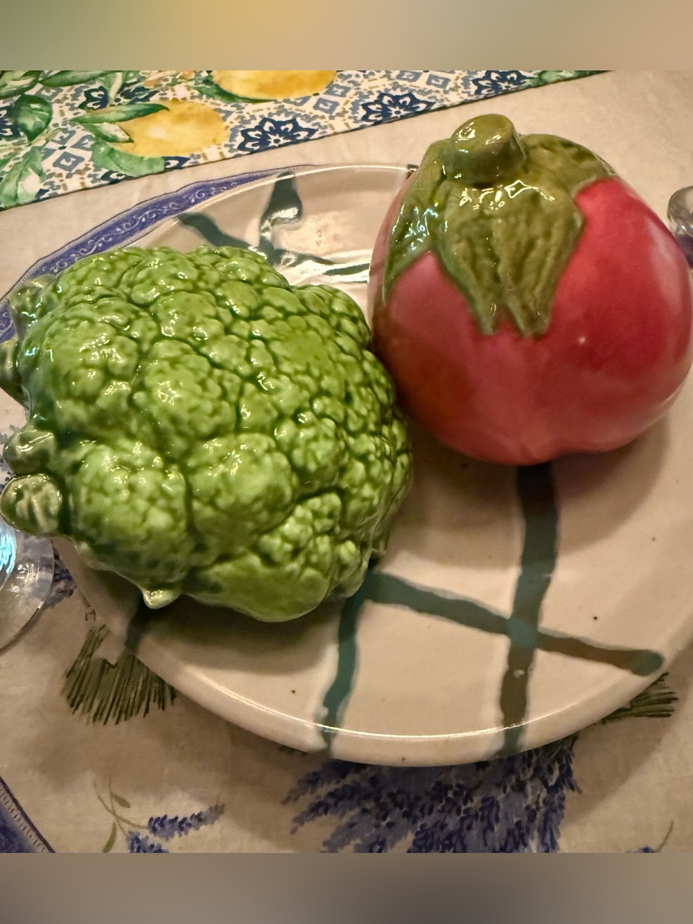 Ceramic Eggplant & Broccoli Figurine Set - Green and Purple